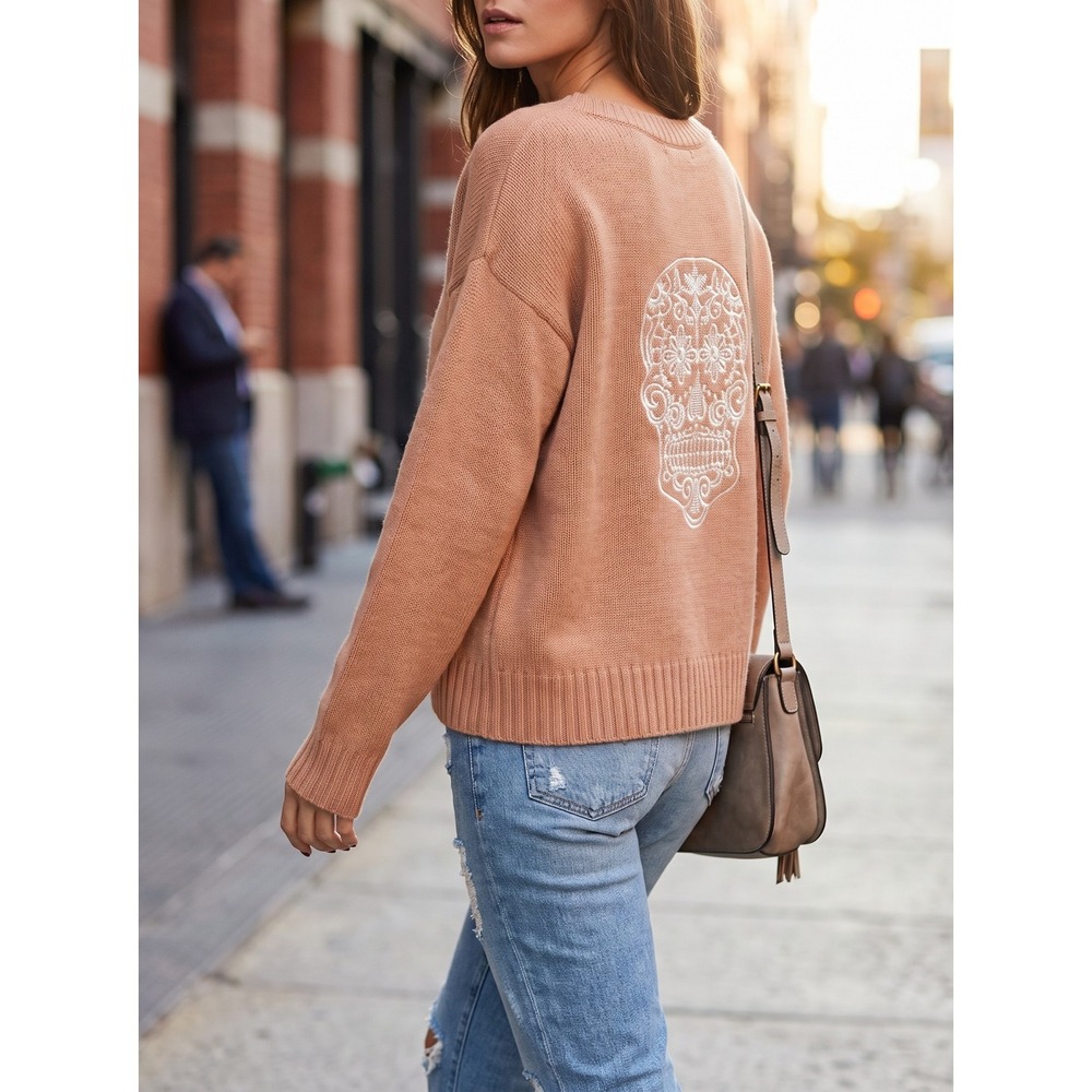 NWT Skull Cashmere Kateryna Skull Embroidery V-Neck Sweater Nutmeg Brown S $322